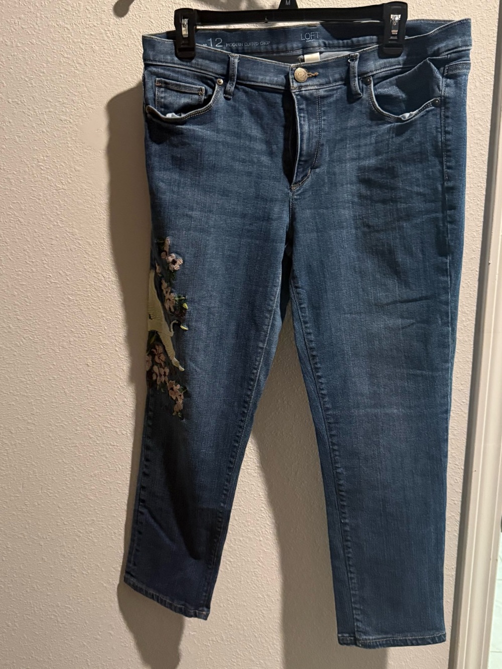 LOFT Medium Blue Cropped Jeans with Floral Embroidery
